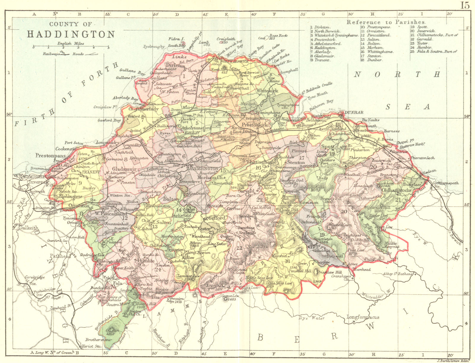SCOTLAND. Haddingtonshire. East Lothian. Philip 1891 old antique map chart